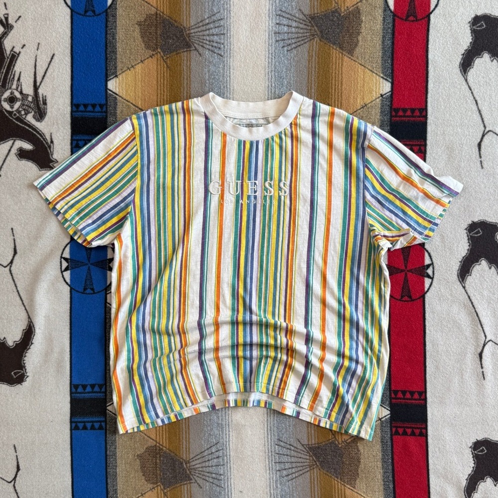 Guess Originals Mens XL Vertical Stripe Embroidered Logo T-Shirt Multi-Color